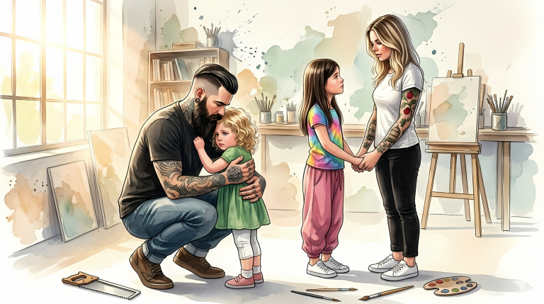 bedürfnisorientierte erziehung. Ein Vater hält seine traurige Tochter im Arm, während sich Mutter und Tochter in die Augen sehen.