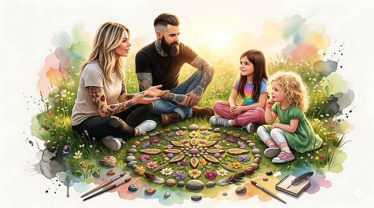 Familienwerte. Eine Familie sitzt vor einem Naturmandala und bespricht Werte, die ihr wichtig sind.