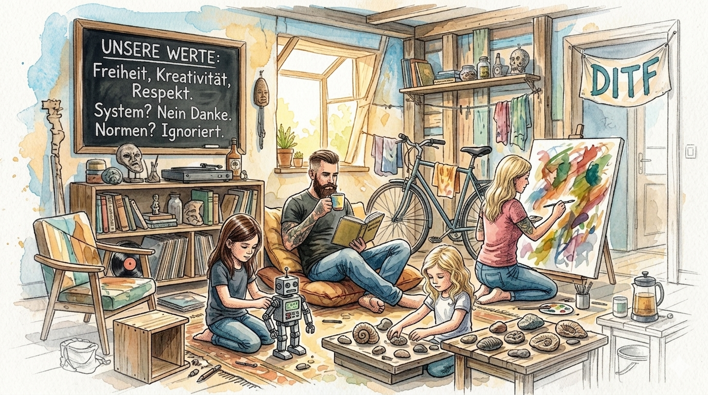 Souveräner Familienalltag dargestellt durch eine freie Familie, Kinder ohne Kita und Schule