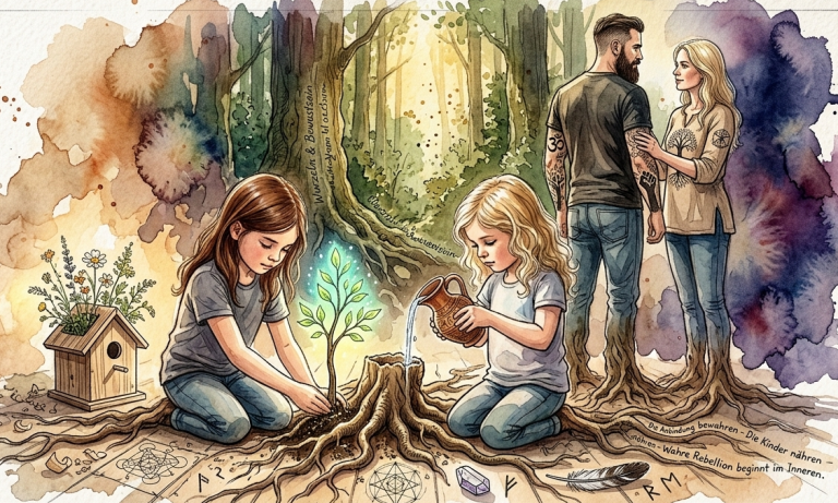 Wurzeln und Bewusstsein für spirituelles Leben, Familie (Vater, Mutter, Kinder) sind durch Wurzeln mit der Erde verbunden