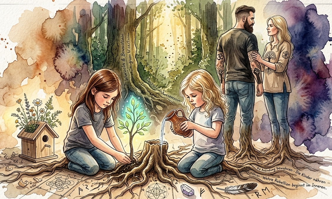 Wurzeln und Bewusstsein für spirituelles Leben, Familie (Vater, Mutter, Kinder) sind durch Wurzeln mit der Erde verbunden